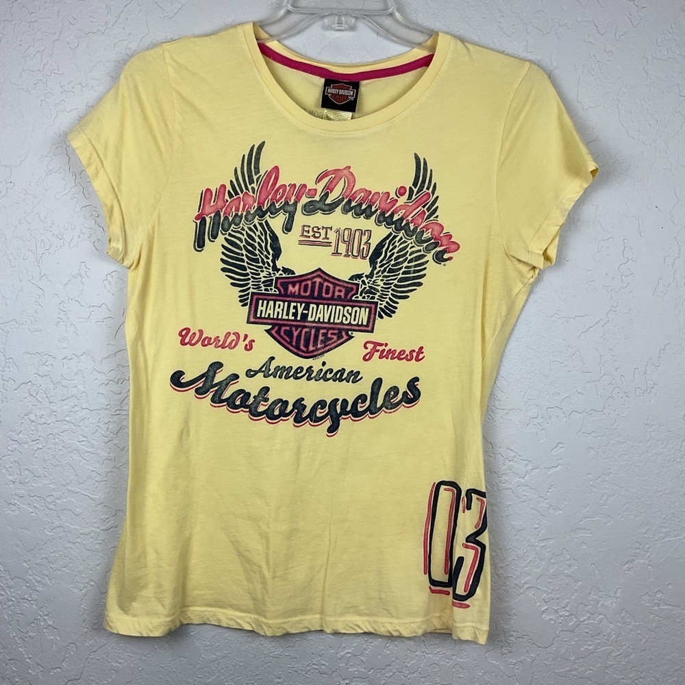 Harley Davidson Yellow/ Navy Blue/ Pink Short Sleeve T Shirt Sz XL